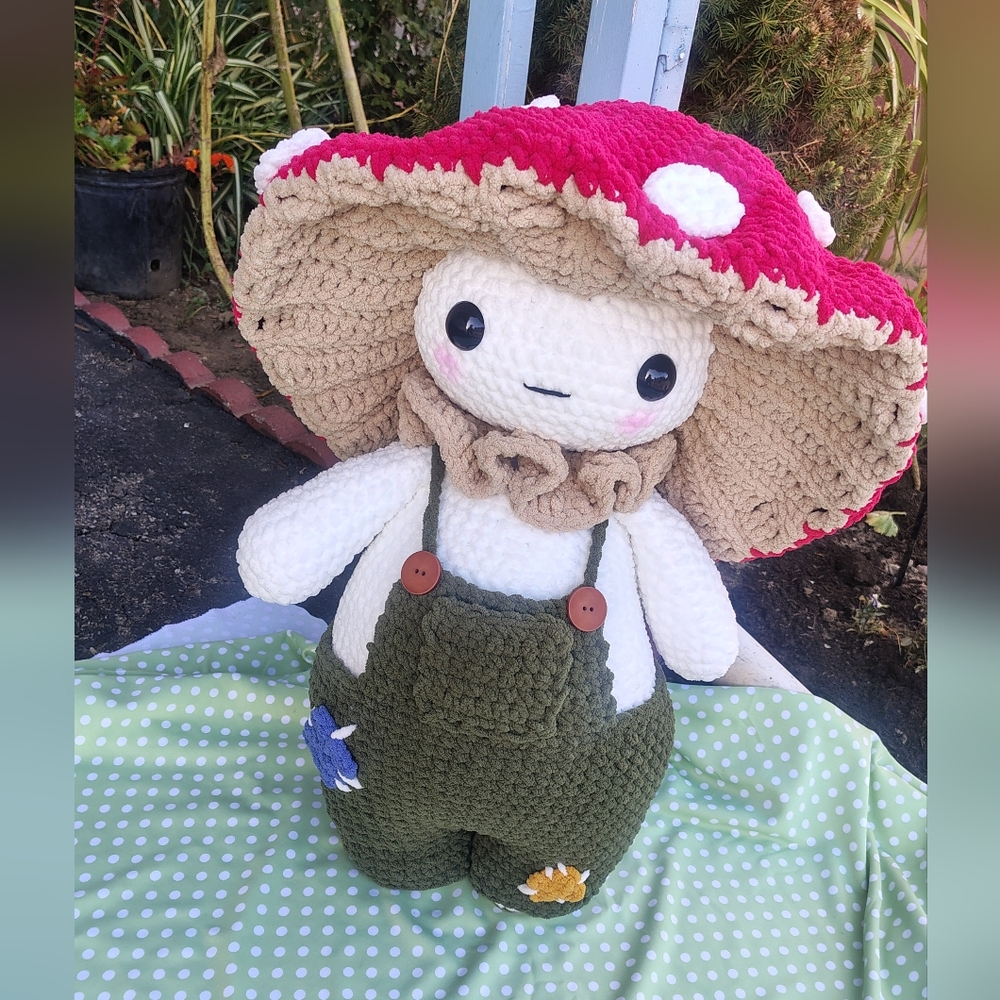 Crochet Mushroom Doll with Pink Cap & Olive Overalls